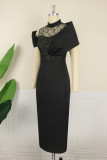 Black Fashion Sexy Formal Patchwork See-through Mandarin Collar Evening Dress