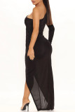ブラック ファッション セクシー ソリッド パッチワーク スリット 斜め襟 ロング スリーブ ドレス