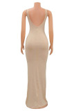 Apricot Fashion Sexy Patchwork Hot Drilling Backless Spaghetti Strap Evening Dress