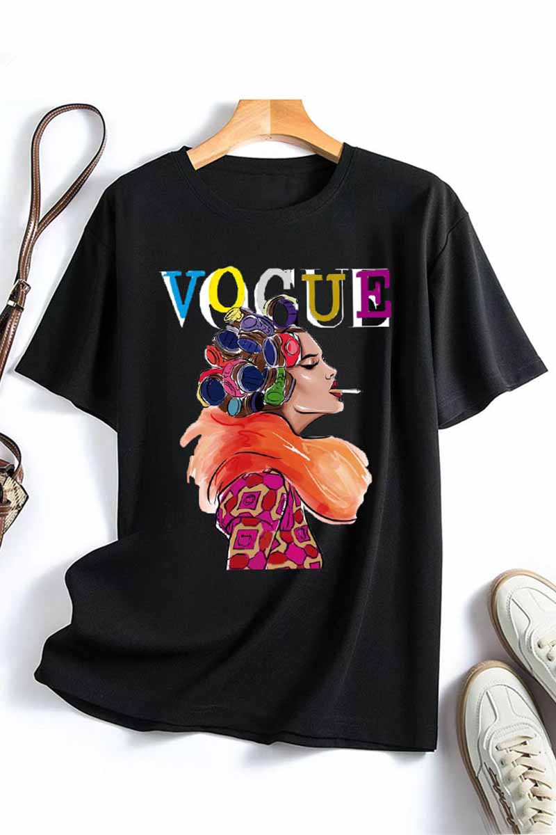 

Black Fashion Casual Print Letter O Neck T-Shirts