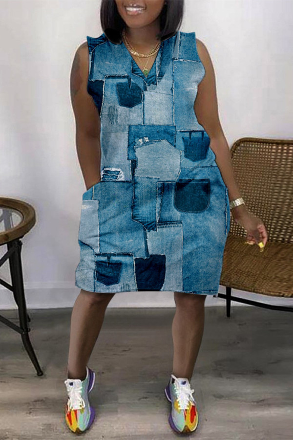 Vestido azul royal moda casual estampa patchwork decote em v sem mangas plus size