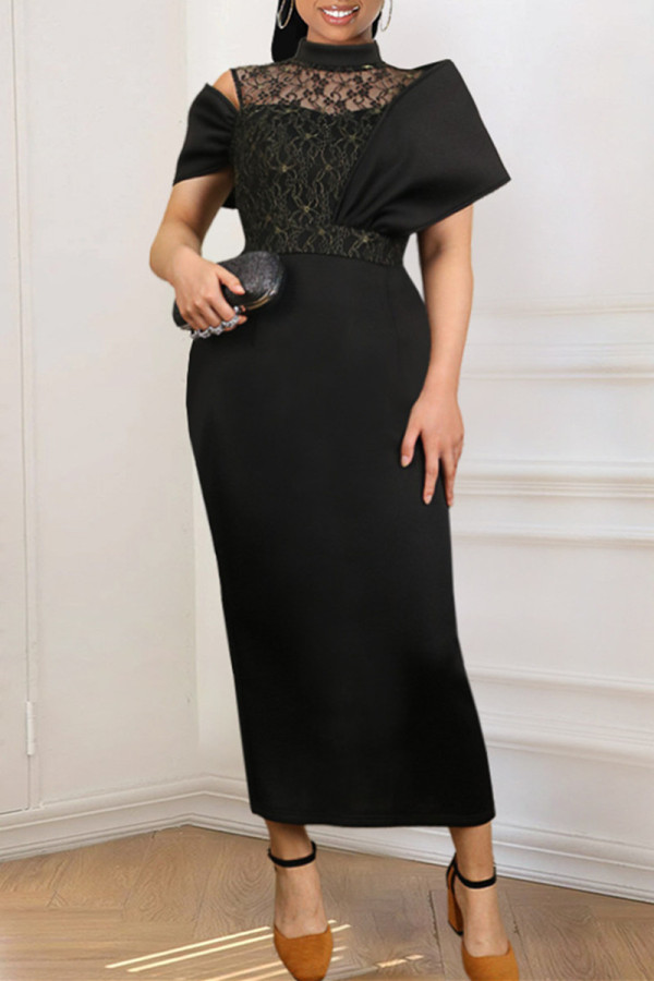 Vestido de noite sexy preto fashion patchwork transparente com gola mandarim