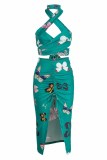 Blue Fashion Street Print Patchwork Halter Mouwloos Two Pieces