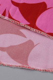 Vestidos de manga comprida rosa com estampa elegante estampa patchwork fivela sem cinto