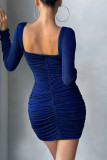ブルー セクシー ソリッド パッチワーク ドロー ストリング フォールド スクエア カラー ペンシル スカート ドレス