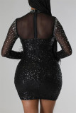 Black Fashion Sexy Patchwork Hot Drilling See-through Feathers Half A Turtleneck Long Sleeve Dresses
