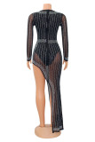 Black Fashion Sexy Patchwork Hot Drilling See-through Beading V Neck Long Sleeve Dresses