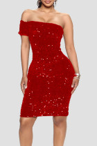 Красные сексуальные однотонные лоскутные блестки асимметричные платья-юбки-карандаш с открытыми плечами