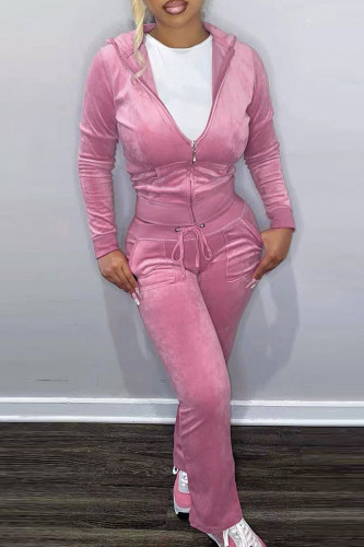 Pink Casual Solid Patchwork Zipper Hooded Collar Long Sleeve Two Pieces