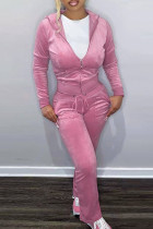 ピンク カジュアル ソリッド パッチワーク ジッパー フード付き 襟 長袖 XNUMXピース