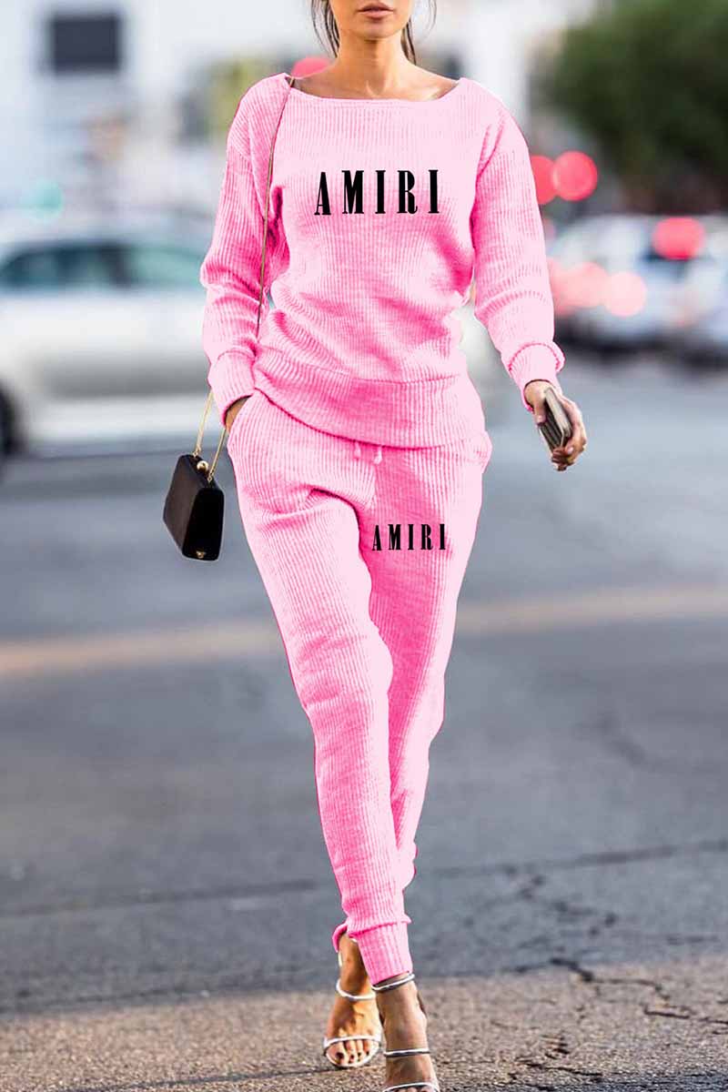 

Pink Fashion Casual Print Letter Boat Neck Long Sleeve Two Pieces