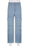 Blaue, modische, lässige, solide Patchwork-Jeans mit hoher Taille und geradem Schnitt