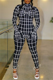 Macacão skinny preto moda casual estampa patchwork gola alta