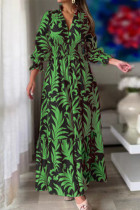 Green Casual Print Patchwork V Neck A Line Dresses