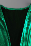 Vestido de noche de manga larga con cuello en V y abertura sólida sexy de moda verde