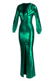 Groene Mode Sexy Solid Slit Fold V-hals Avondjurk met Lange Mouwen