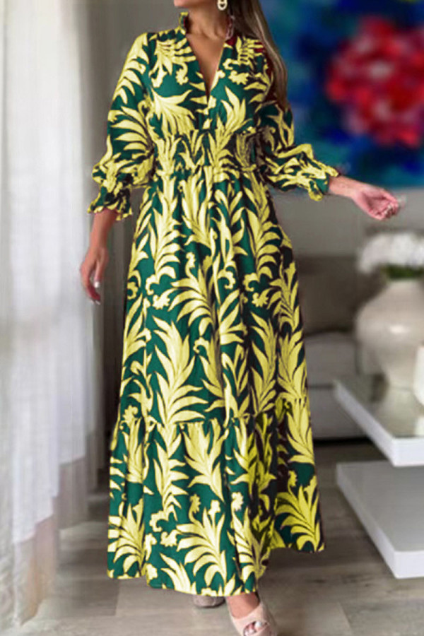 verde amarillo estampado casual patchwork cuello en v una línea de vestidos