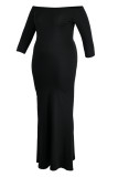 Black Fashion Casual Plus Size Solid Backless Off the Shoulder Long Dress