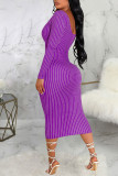 紫のセクシーなストライプ プリント パッチワーク O ネック ワン ステップ スカート ドレス