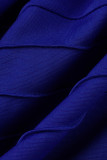 Robes élégantes solides patchwork pli col asymétrique une étape jupe bleu