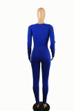 Blauwe casual sportkleding Effen patchwork skinny jumpsuits met U-hals