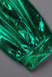 Grüne Mode Sexy Solid Schlitz Falten V-Ausschnitt Langarm Abendkleid