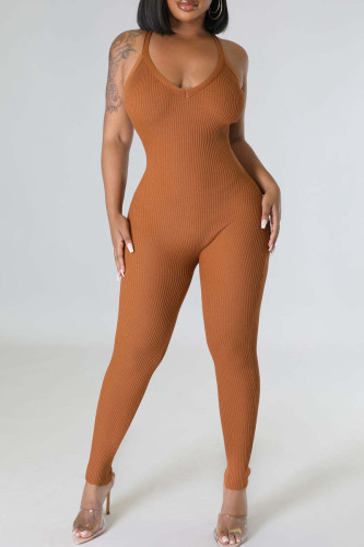 Brown Sexy Solid Patchwork Spaghetti Strap Skinny Jumpsuits