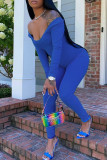 Синий Повседневная спортивная одежда Однотонные узкие комбинезоны с U-образным вырезом в стиле пэчворк