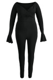 黒のセクシーなソリッドパッチワークVネックプラスサイズのジャンプスーツ