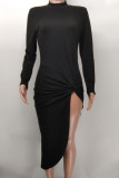 ブラック セクシー ソリッド パッチワーク フォールド 非対称 O ネック ワンステップ スカート ドレス