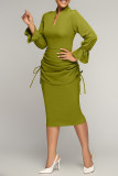 グリーン エレガント ソリッド パッチワーク 小帯 フォールド V ネック ワンステップ スカート ドレス