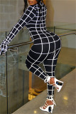 Zwarte mode casual print patchwork coltrui skinny jumpsuits