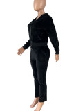ブラックカジュアルソリッドパッチワークジッパーフード付きカラー長袖ツーピース