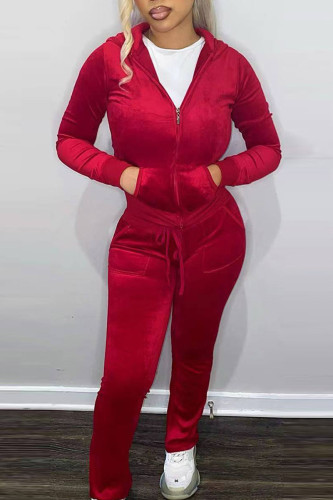 Red Casual Solid Patchwork Zipper Hooded Collar Long Sleeve Two Pieces