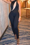 Black Fashion Sexy Solid Patchwork See-through Turtleneck Skinny Jumpsuits