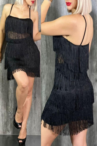 黒のセクシーなソリッド タッセル パッチワーク スパゲッティ ストラップ ストレート ドレス