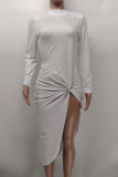 ホワイト セクシー ソリッド パッチワーク フォールド 非対称 O ネック ワンステップ スカート ドレス
