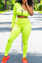 Verde fluorescente sexy abbigliamento sportivo stampa patchwork colletto obliquo manica lunga due pezzi