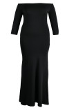 Zwarte mode casual plus size effen rugloze off-shoulder lange jurk