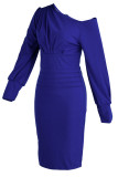 Blue Elegant Solid Patchwork Fold Asymmetrical Collar One Step Skirt Dresses