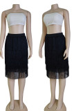 Black Casual Solid Tassel Patchwork High Waist Straight Solid Color Bottoms