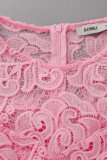 Розовые модные повседневные однотонные лоскутные прозрачные платья с длинным рукавом и круглым вырезом