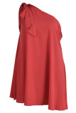Red Sexy Casual Plus Size Solid Patchwork Backless One Shoulder Sleeveless Dress