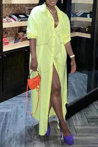 Yellow Casual Solid Patchwork Buckle Turndown Collar Shirt Dress Dresses