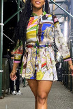 Robe de princesse à col rabattu avec boucle en patchwork d'impression décontractée de couleur à la mode