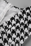 Schwarze Mode-Plaid-Patchwork-Overalls mit V-Ausschnitt und geradem Schnitt