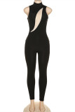 Zwarte mode sexy effen patchwork doorschijnende coltrui skinny jumpsuits
