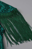 Groene elegante effen kwast pailletten patchwork vierkante kraag avondjurk plus size jurken