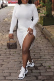 Vestidos de falda de un paso con cuello en O asimétrico con pliegues de patchwork sólido sexy blanco