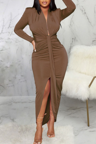 Vestidos de falda de un paso con cuello en V asimétrico de patchwork sólido sexy marrón